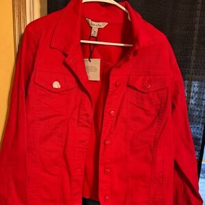 Stylish Red Jean Jacket fits more like a large